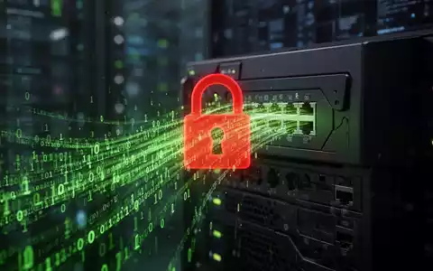 Glühender Binärcode fließt in ein dunkles Netzwerkgerät mit rotem Vorhängeschloss, symbolisiert Sicherheitslücken. - Foto: über boerse-global.de