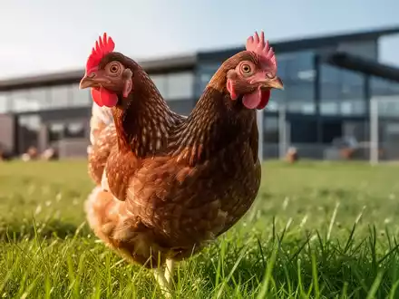 Ein gesundes Freilandhuhn auf einer grünen Weide, mit einem modernen, nachhaltigen Bauernhof im unscharfen Hintergrund. - Foto: über boerse-global.de