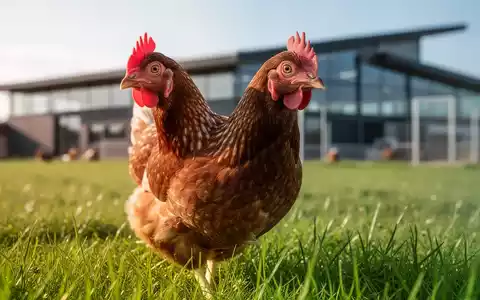 Ein gesundes Freilandhuhn auf einer grünen Weide, mit einem modernen, nachhaltigen Bauernhof im unscharfen Hintergrund. - Foto: über boerse-global.de