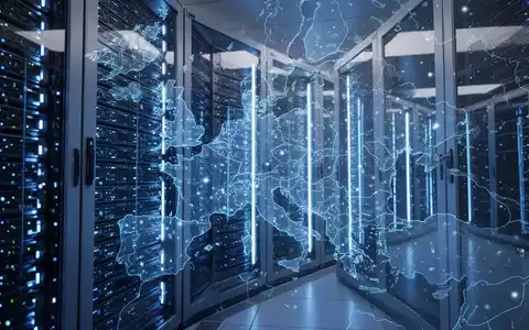 Server-Racks mit blauen Lichtern in einem Rechenzentrum, die KI-Infrastruktur, Cloud-Computing und europäisches Technologiewachstum repräsentieren. - Foto: über boerse-global.de