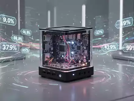 Glühender Mini-PC mit sichtbaren Innenkomponenten, umgeben von digitalen Datenströmen und Rabattmarken. - Foto: über boerse-global.de