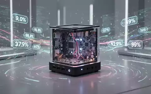 Glühender Mini-PC mit sichtbaren Innenkomponenten, umgeben von digitalen Datenströmen und Rabattmarken. - Foto: über boerse-global.de