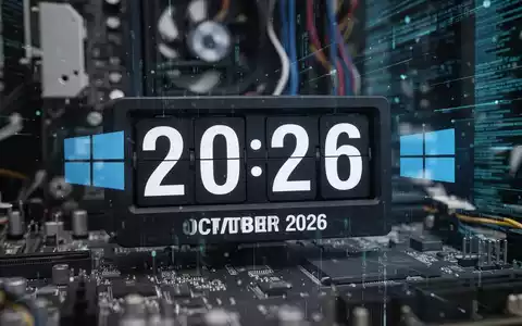 Digitale Uhr zeigt Oktober 2026 mit Windows-Logo, symbolisiert bevorstehende Software-Support-Fristen. - Foto: über boerse-global.de