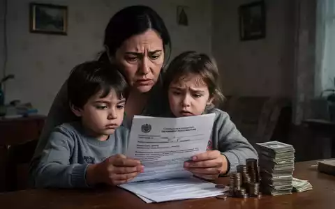 Eine besorgte Mutter mit ihrem Kind betrachtet offizielle Dokumente, während Münzen und Scheine auf dem Tisch liegen. - Foto: über boerse-global.de