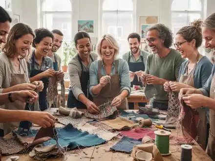 Eine Gruppe von Menschen arbeitet gemeinsam an einem Upcycling-Projekt für Textilien, mit Fokus auf Ästhetik und Gemeinschaft. - Foto: über boerse-global.de
