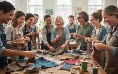 Eine Gruppe von Menschen arbeitet gemeinsam an einem Upcycling-Projekt für Textilien, mit Fokus auf Ästhetik und Gemeinschaft. - Foto: über boerse-global.de