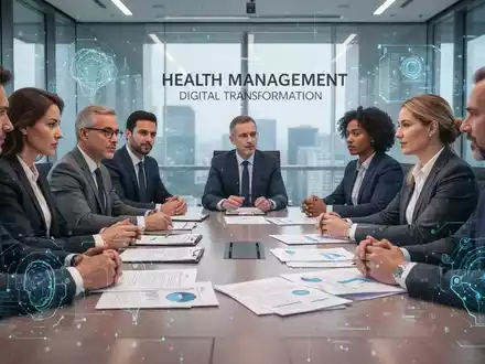 Geschäftsleute diskutieren auf einem Kongress über betriebliches Gesundheitsmanagement, digitale Transformation und gesetzliche Reformen. - Foto: über boerse-global.de