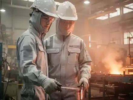 Ein Arbeiter in moderner, heller Kühlkleidung in einer Fabrikhalle, die Wärme und hohe Temperaturen andeutet. - Foto: über boerse-global.de