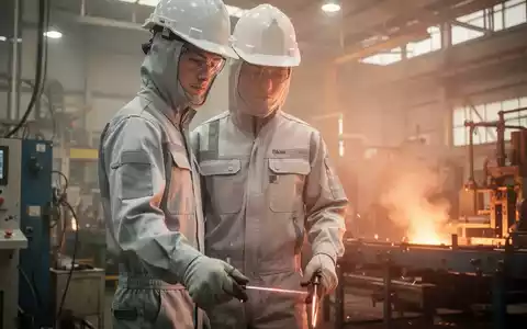 Ein Arbeiter in moderner, heller Kühlkleidung in einer Fabrikhalle, die Wärme und hohe Temperaturen andeutet. - Foto: über boerse-global.de