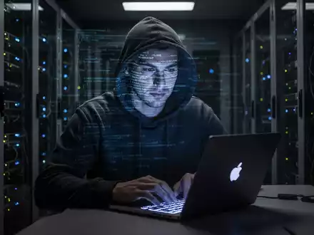 Person in Kapuzenjacke tippt auf Laptop in dunklem Serverraum, digitaler Code spiegelt sich im Gesicht. - Foto: über boerse-global.de