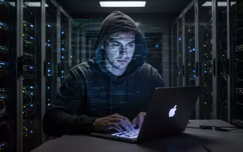 Person in Kapuzenjacke tippt auf Laptop in dunklem Serverraum, digitaler Code spiegelt sich im Gesicht. - Foto: über boerse-global.de