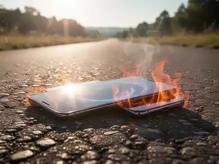Ein Smartphone liegt auf dunklem Asphalt in der prallen Sonne, symbolisiert die Gefahr von Überhitzung durch hohe Temperaturen. - Foto: über boerse-global.de