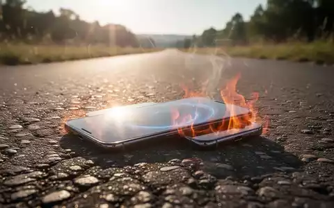Ein Smartphone liegt auf dunklem Asphalt in der prallen Sonne, symbolisiert die Gefahr von Überhitzung durch hohe Temperaturen. - Foto: über boerse-global.de