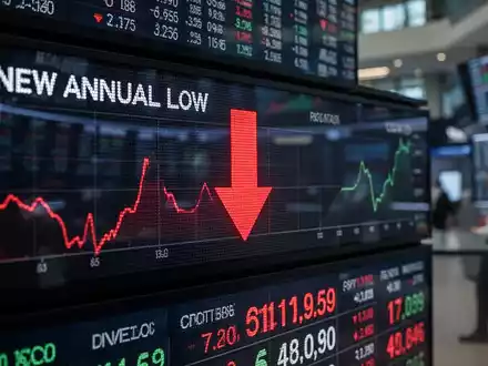 Ein Börsenticker zeigt einen deutlichen Kursrückgang und einen roten Pfeil nach unten, der ein neues Jahrestief symbolisiert. - Foto: über boerse-global.de