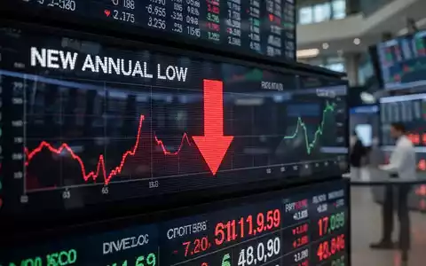 Ein Börsenticker zeigt einen deutlichen Kursrückgang und einen roten Pfeil nach unten, der ein neues Jahrestief symbolisiert. - Foto: über boerse-global.de