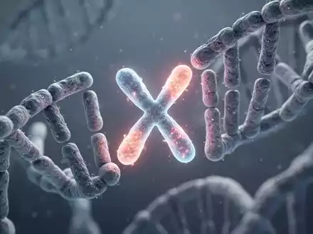 Nahaufnahme von menschlichen Chromosomen oder DNA-Strängen unter einem Mikroskop, mit einem hervorgehobenen X-Chromosom. - Foto: über boerse-global.de