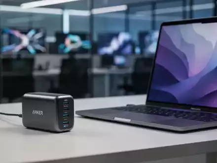 Ein schlanker, kompakter Anker 160W Prime-Lader mit mehreren USB-C-Anschlüssen neben einem 16-Zoll MacBook Pro auf einem modernen Schreibtisch. - Foto: über boerse-global.de