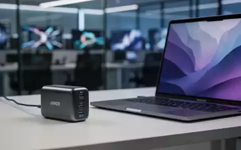 Ein schlanker, kompakter Anker 160W Prime-Lader mit mehreren USB-C-Anschlüssen neben einem 16-Zoll MacBook Pro auf einem modernen Schreibtisch. - Foto: über boerse-global.de