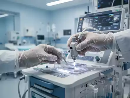 Eine Nahaufnahme einer Hand in einem sterilen Handschuh, die ein medizinisches Prüfgerät an einem Krankenhausgerät bedient. - Foto: über boerse-global.de
