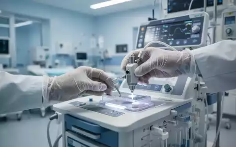 Eine Nahaufnahme einer Hand in einem sterilen Handschuh, die ein medizinisches Prüfgerät an einem Krankenhausgerät bedient. - Foto: über boerse-global.de