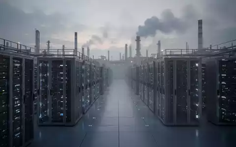 Großes, modernes Rechenzentrum in der Dämmerung, Serverracks durch Fenster sichtbar, industrieller Dunst in der Luft. - Foto: über boerse-global.de