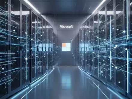 Zukunftsorientierter Serverraum mit blauen Datenströmen und abstrakten KI-Netzverbindungen - Foto: über boerse-global.de