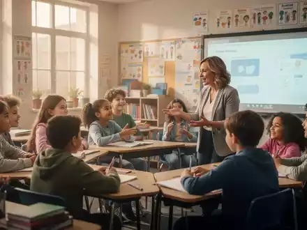 Schüler und Lehrer in einem modernen Klassenzimmer, engagiert in einer Diskussion, die Zusammenarbeit und aktives Lernen hervorhebt. - Foto: über boerse-global.de