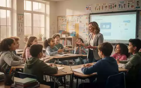 Schüler und Lehrer in einem modernen Klassenzimmer, engagiert in einer Diskussion, die Zusammenarbeit und aktives Lernen hervorhebt. - Foto: über boerse-global.de
