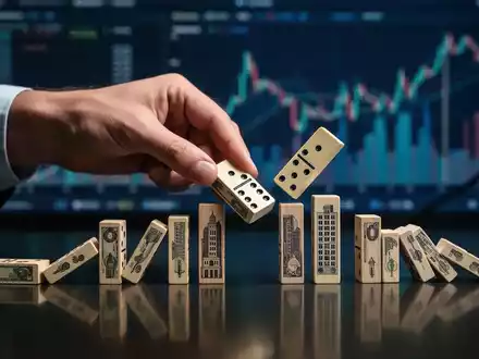 Eine Hand ordnet sorgfältig kleine Finanzbausteine, einige wackeln, auf einer dunklen Fläche, was finanzielle Unsicherheit symbolisiert. - Foto: über boerse-global.de