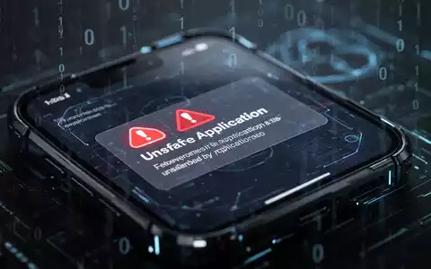 Ein Smartphone-Bildschirm zeigt eine Warnmeldung vor einer gefährlichen App, umgeben von digitalen Sicherheitselementen. - Foto: über boerse-global.de