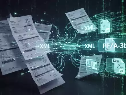 Digitale Darstellung von Rechnungen, die in strukturierte Datenformate (XRechnung, ZUGFeRD) umgewandelt werden, mit Lichteffekten. - Foto: über boerse-global.de