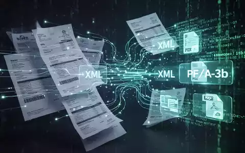 Digitale Darstellung von Rechnungen, die in strukturierte Datenformate (XRechnung, ZUGFeRD) umgewandelt werden, mit Lichteffekten. - Foto: über boerse-global.de