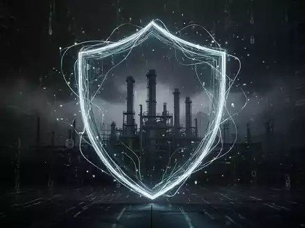 Abstrakte Darstellung von Cybersicherheit mit leuchtenden digitalen Linien, die einen Schutzschild um eine Fabrik oder ein Rechenzentrum bilden. - Foto: über boerse-global.de