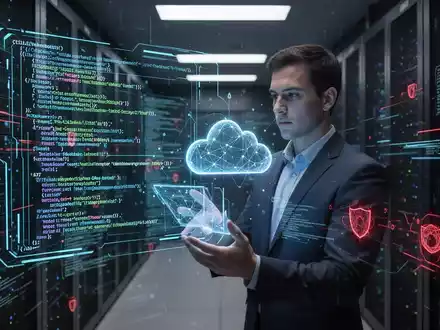 Cybersicherheitsexperte prüft holografische Datenvisualisierungen zu ungepatchten KI-Schwachstellen in Cloud-Infrastruktur, symbolisiert digitale Bedrohungen. - Foto: über boerse-global.de