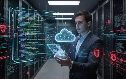 Cybersicherheitsexperte prüft holografische Datenvisualisierungen zu ungepatchten KI-Schwachstellen in Cloud-Infrastruktur, symbolisiert digitale Bedrohungen. - Foto: über boerse-global.de