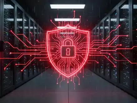 Glühende rote Linien formen ein Datenleck-Symbol über einem dunklen, futuristischen Serverraum, das einen Cybersicherheitsvorfall symbolisiert. - Foto: über boerse-global.de
