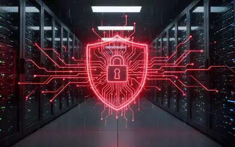 Glühende rote Linien formen ein Datenleck-Symbol über einem dunklen, futuristischen Serverraum, das einen Cybersicherheitsvorfall symbolisiert. - Foto: über boerse-global.de