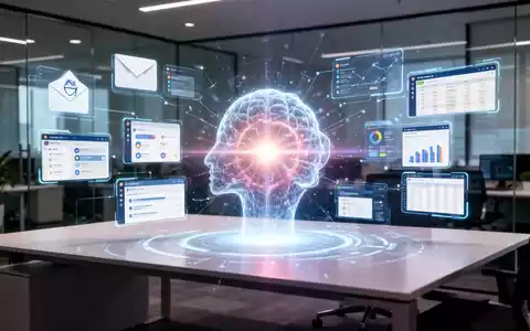 Futuristische KI-Agenten-Oberfläche auf modernem Schreibtisch projiziert, umgeben von holografischen Geschäftsanwendungen, symbolisiert autonomes Projektmanagement. - Foto: über boerse-global.de