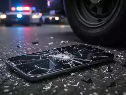 Ein zerbrochenes Smartphone liegt auf dunklem Asphalt, im Hintergrund verschwommenes Blaulicht von Polizeifahrzeugen. - Foto: über boerse-global.de
