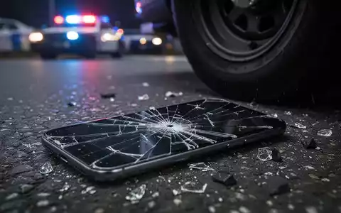 Ein zerbrochenes Smartphone liegt auf dunklem Asphalt, im Hintergrund verschwommenes Blaulicht von Polizeifahrzeugen. - Foto: über boerse-global.de