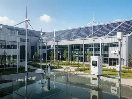 Ein nachhaltiger Industriepark mit Solarmodulen, Grünflächen und modernen Gebäuden unter blauem Himmel, der Energieeffizienz symbolisiert. - Foto: über boerse-global.de
