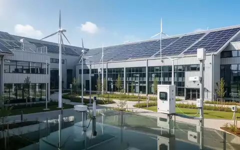 Ein nachhaltiger Industriepark mit Solarmodulen, Grünflächen und modernen Gebäuden unter blauem Himmel, der Energieeffizienz symbolisiert. - Foto: über boerse-global.de
