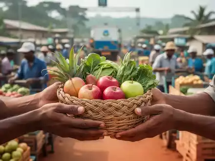 Hände tauschen einen Korb mit landwirtschaftlichen Produkten vor dem Hintergrund einer globalen Lieferkette aus. - Foto: über boerse-global.de