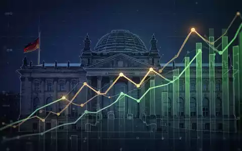 Eine stilisierte Grafik zeigt steigende Finanzkurven, die das Umriss des Bundestagsgebäudes schneiden, mit blauen, grünen und goldenen Farben. - Foto: über boerse-global.de