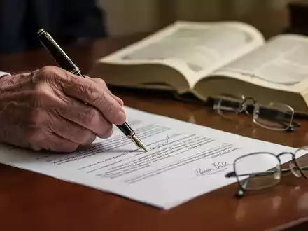 Eine alte Hand unterschreibt ein Testament mit einem FĂĽllfederhalter auf einem Notartisch, symbolisiert Erbrecht und Nachlassplanung. - Foto: ĂĽber boerse-global.de