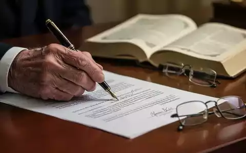 Eine alte Hand unterschreibt ein Testament mit einem Füllfederhalter auf einem Notartisch, symbolisiert Erbrecht und Nachlassplanung. - Foto: über boerse-global.de