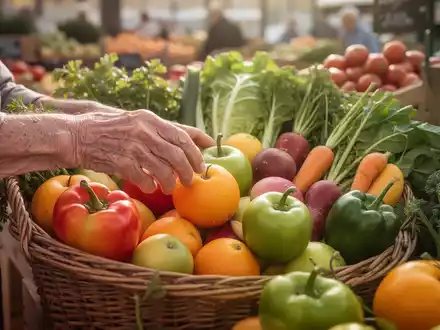 Nahaufnahme der Hände einer älteren Person, die frisches Obst und Gemüse aus einem Korb auswählt, mit weichem Licht. - Foto: über boerse-global.de