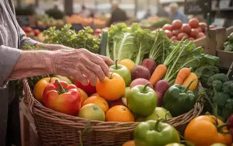 Nahaufnahme der Hände einer älteren Person, die frisches Obst und Gemüse aus einem Korb auswählt, mit weichem Licht. - Foto: über boerse-global.de
