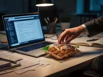Eine Hand greift nach einem Snack auf einem unordentlichen Schreibtisch neben einem Laptop, der das ungesunde Essen am Arbeitsplatz symbolisiert. - Foto: über boerse-global.de