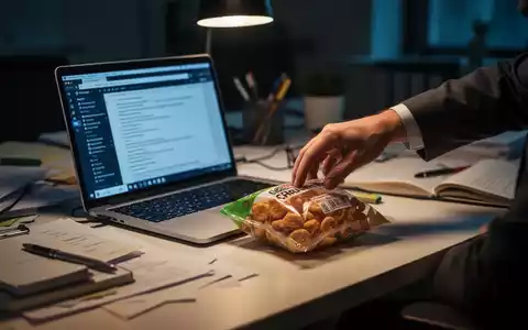 Eine Hand greift nach einem Snack auf einem unordentlichen Schreibtisch neben einem Laptop, der das ungesunde Essen am Arbeitsplatz symbolisiert. - Foto: über boerse-global.de
